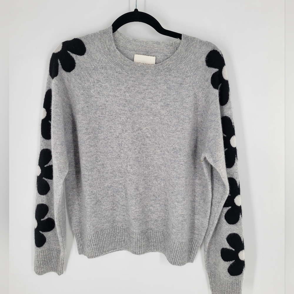 Cynthia Rowley 100% 2-ply Cashmere Floral Grey Sweater Size L New